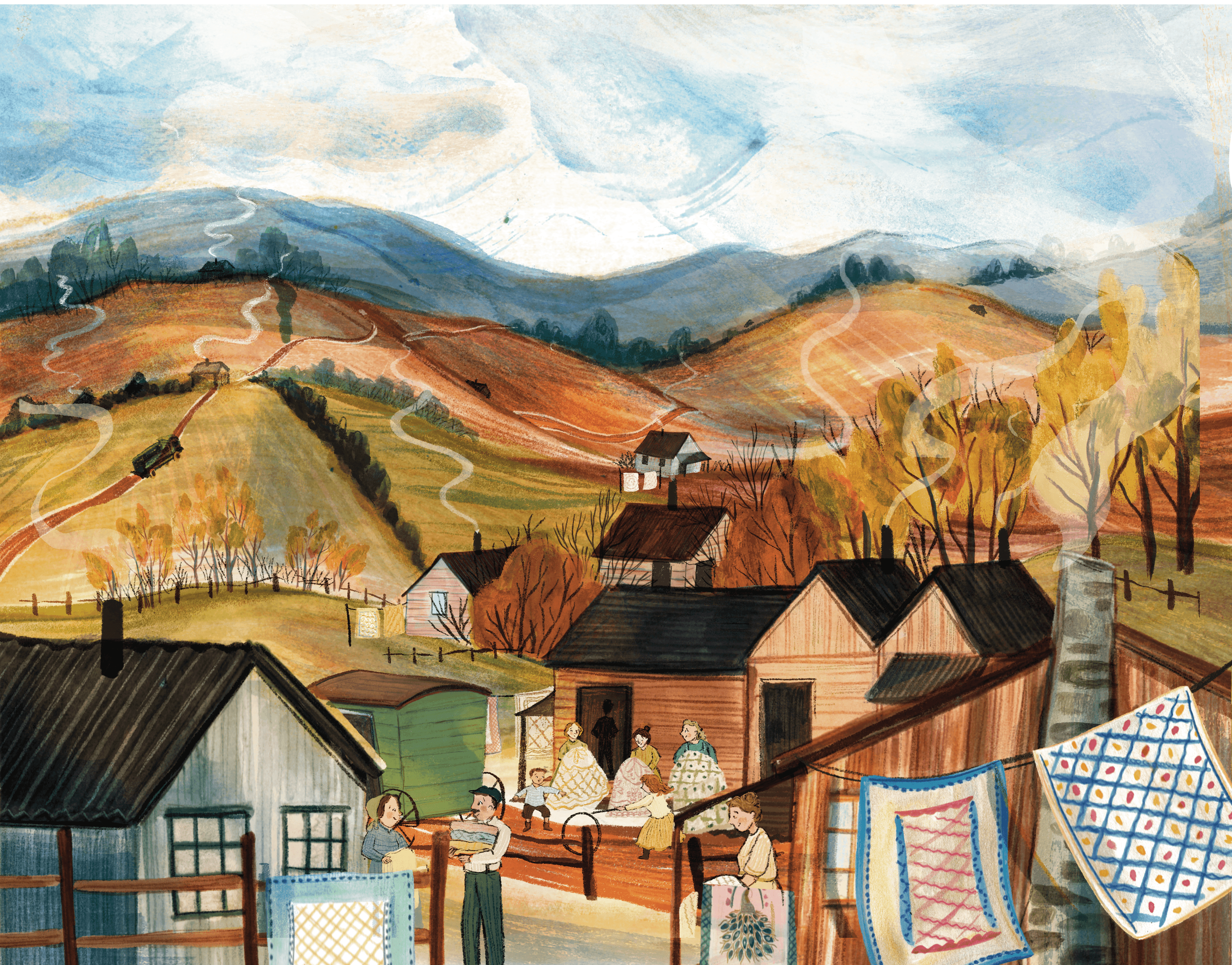 A watercolor painting of a rural hillside village with houses, trees, and winding roads, under a sky with light clouds.