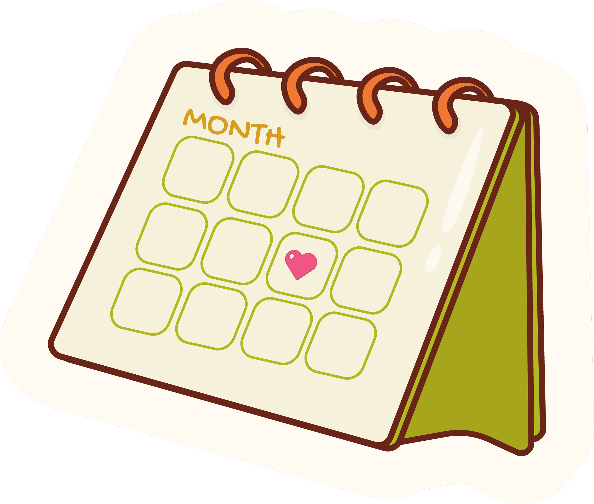 Illustration of an open planner with the word 'MONTH' and a pink heart icon inside the date square.