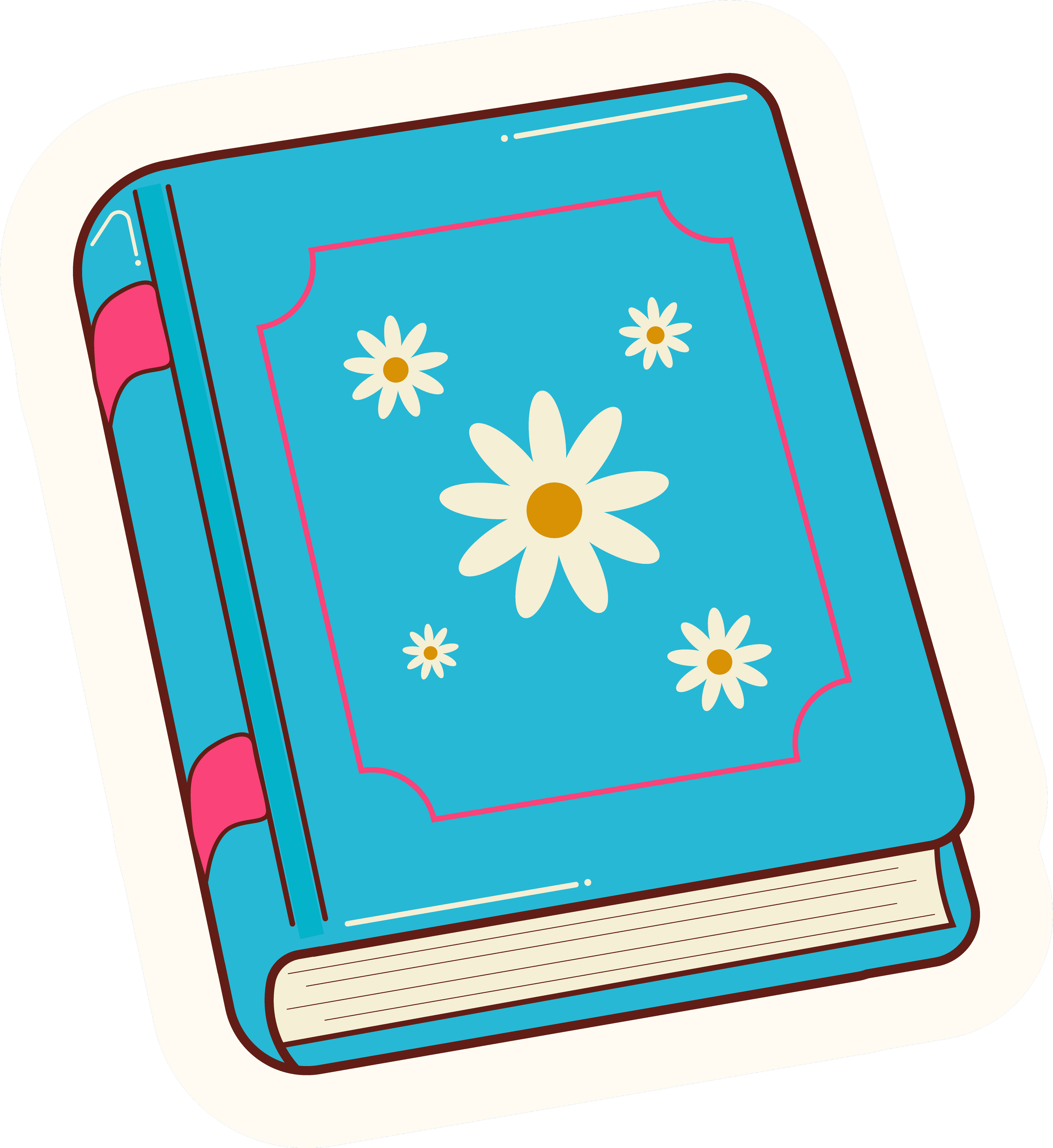 A cartoon illustration of a book with a blue cover featuring daisies, with a pink bookmark and a cream-colored background.