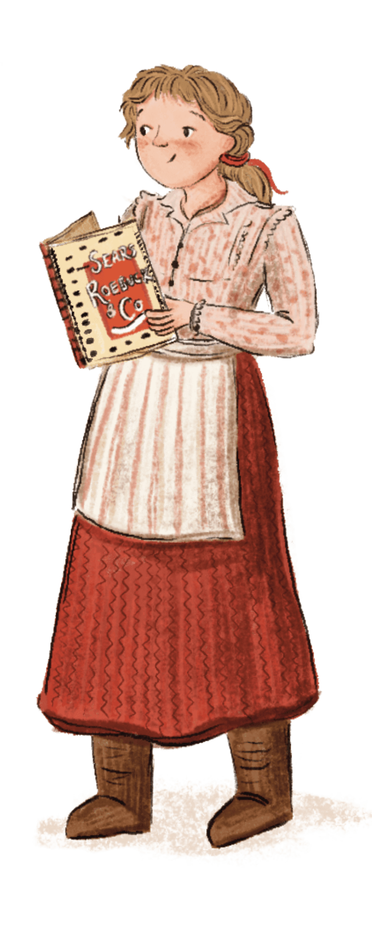 Illustration of Catherine Evans Whitener with light brown hair tied back with a red ribbon, wearing a long skirt, an apron, and a long-sleeved blouse, holding a book.