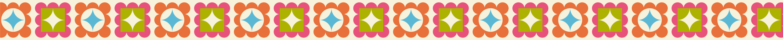 A colorful, repeating geometric pattern with orange, pink, green, blue, and white shapes arranged in a symmetrical design.