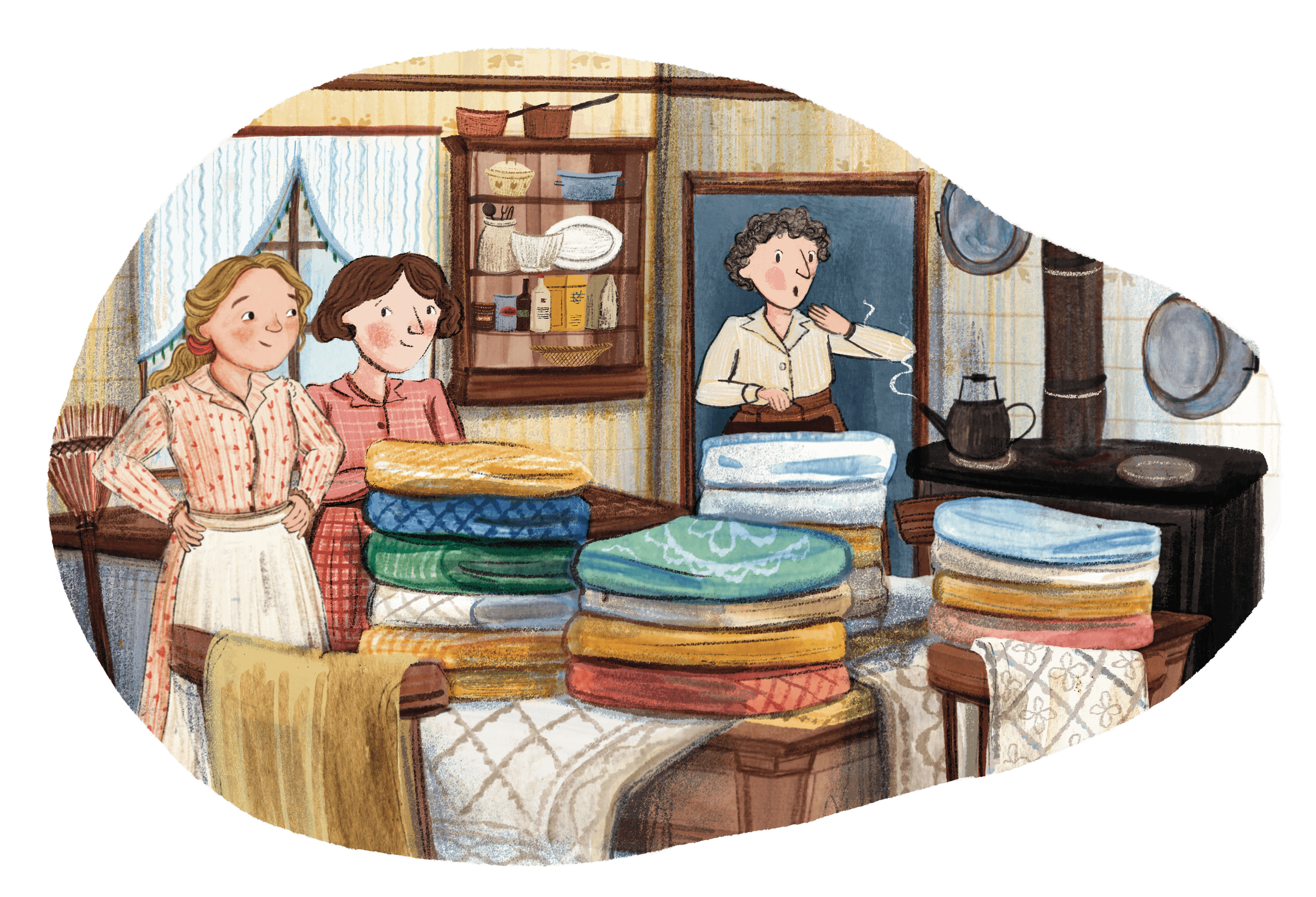 Illustration of three women in a cozy, rustic kitchen, surrounded by stacks of folded fabrics, with vintage kitchen items and cookware on shelves and counters.