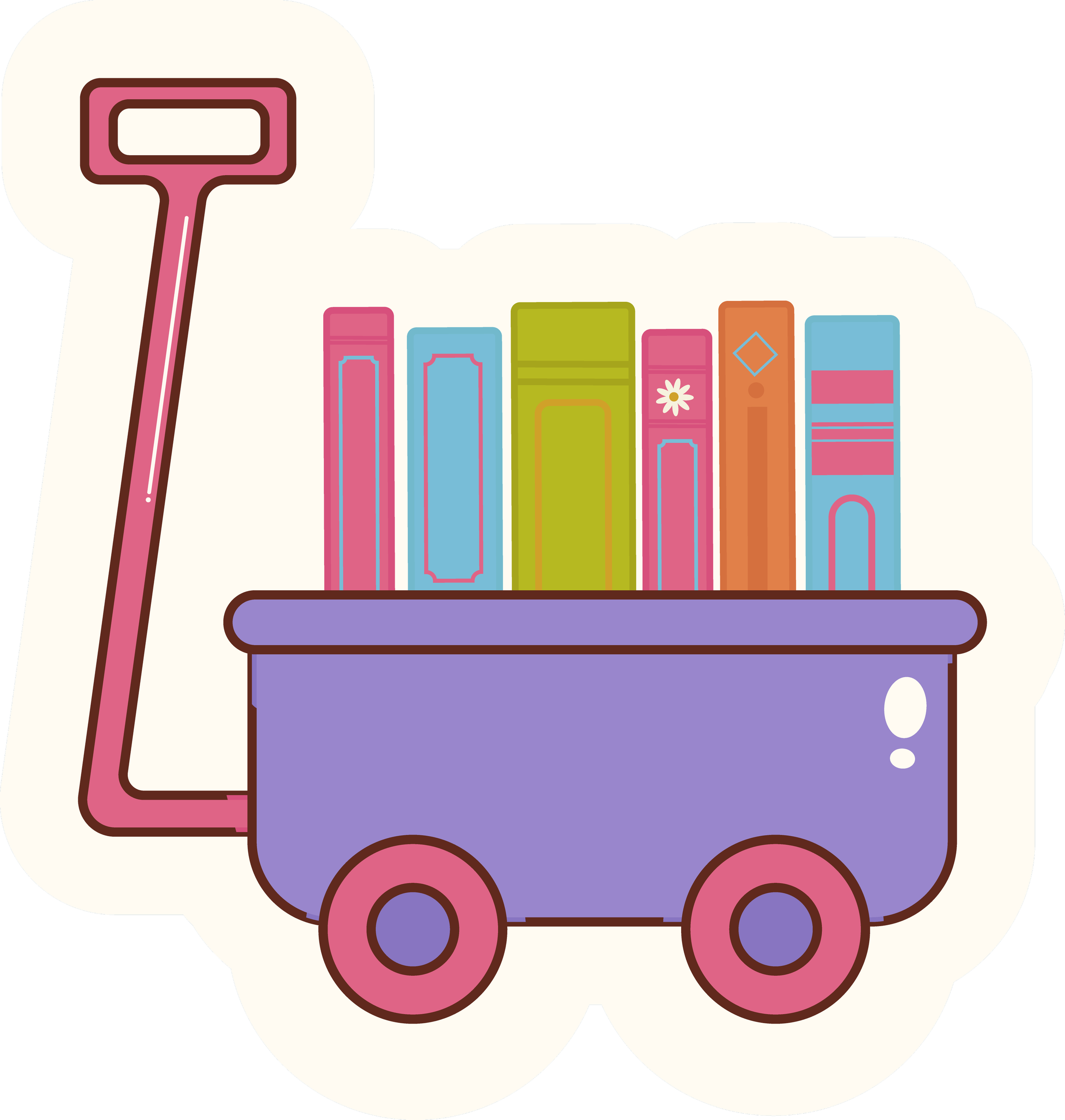 Colorful, cartoon-style illustration of a small toy train on wheels with a purple body, pink wheels, and a pink chimney, set against a light background.