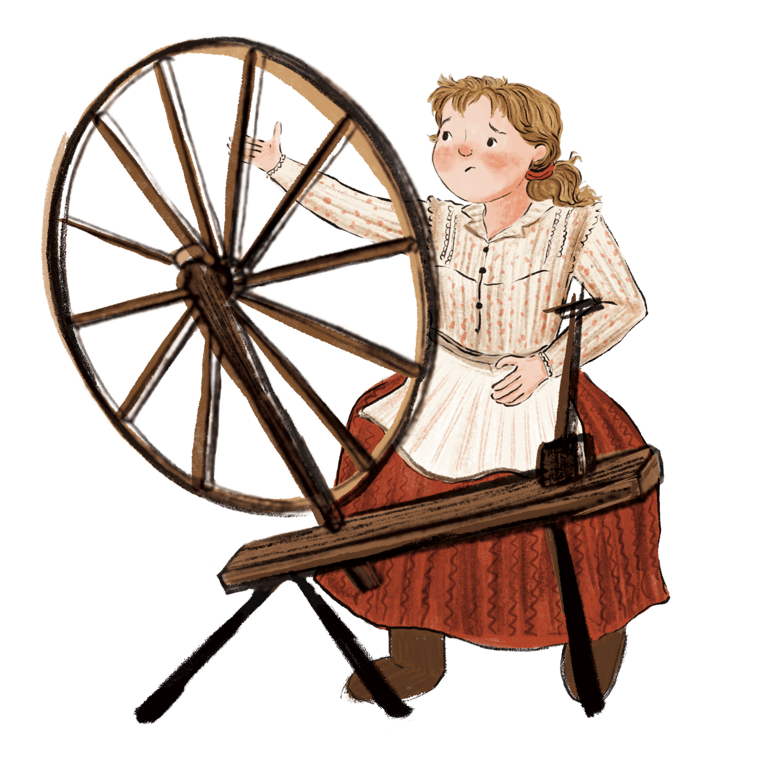 Catherine Evans Whitener illustration with curly hair, wearing a beige and red striped shirt, is holding onto a large wooden spinning wheel, looking at it with curiosity.