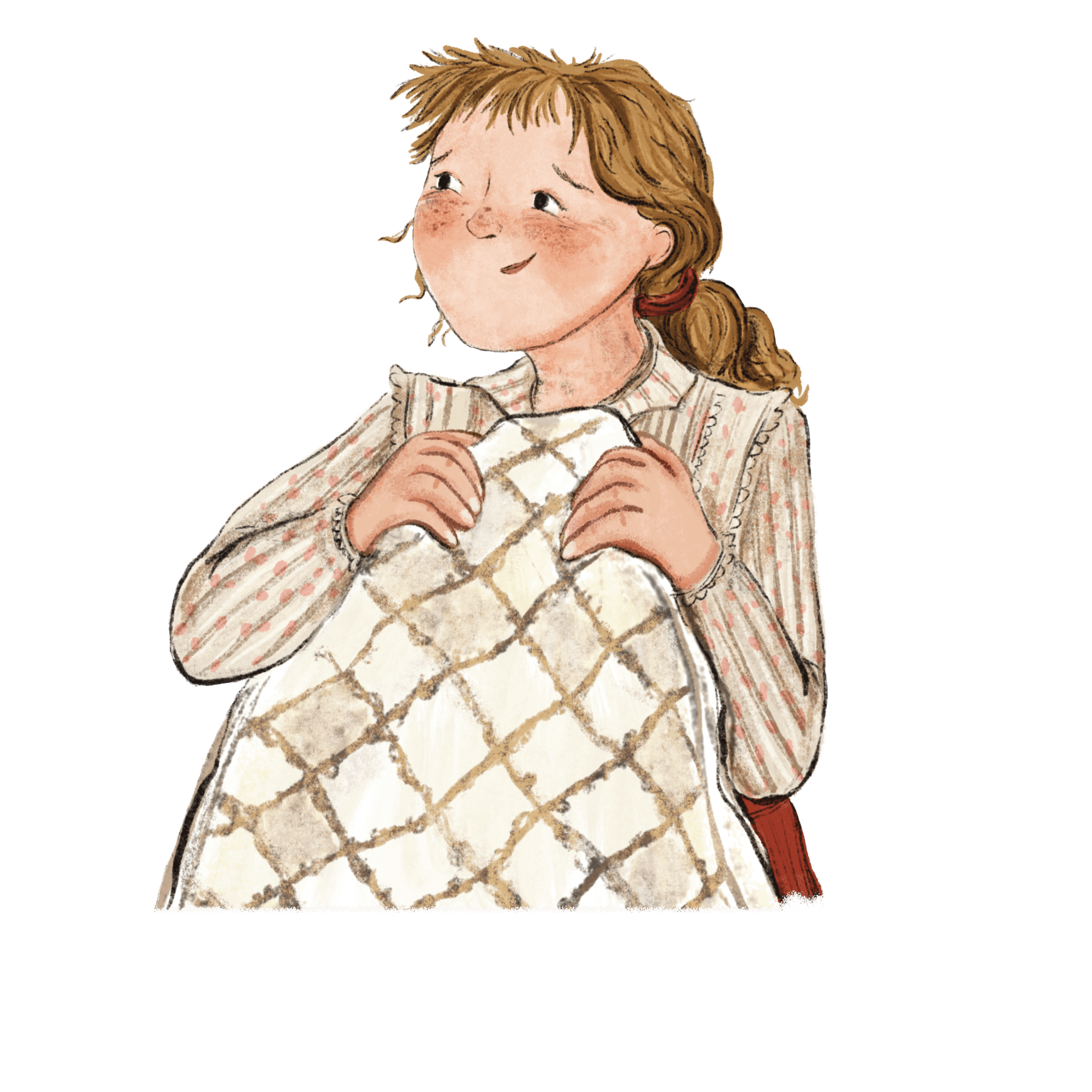 Catherine Evans Whitener with braided hair, wearing a vintage-style dress with a checkered pattern, holds a piece of cloth and looks up with a gentle, curious expression.