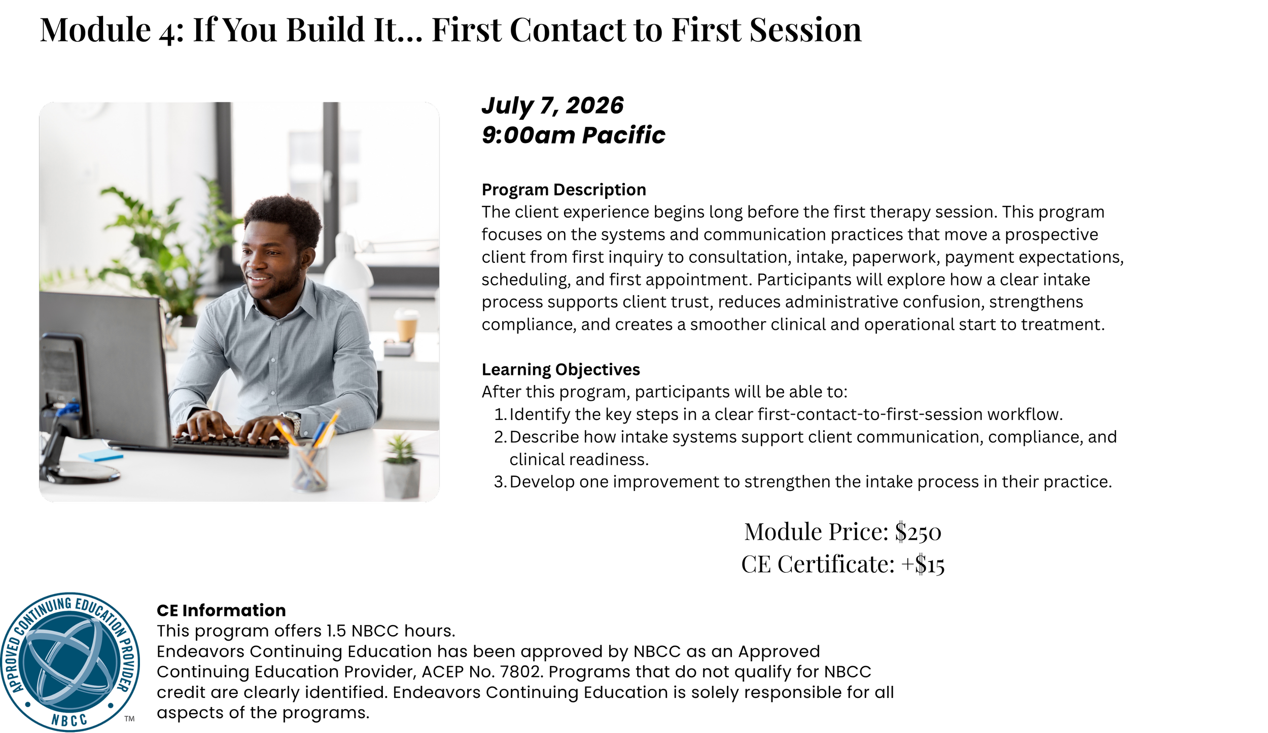 Young man working on a desktop computer in a modern office, with a plant and a coffee cup on the desk.