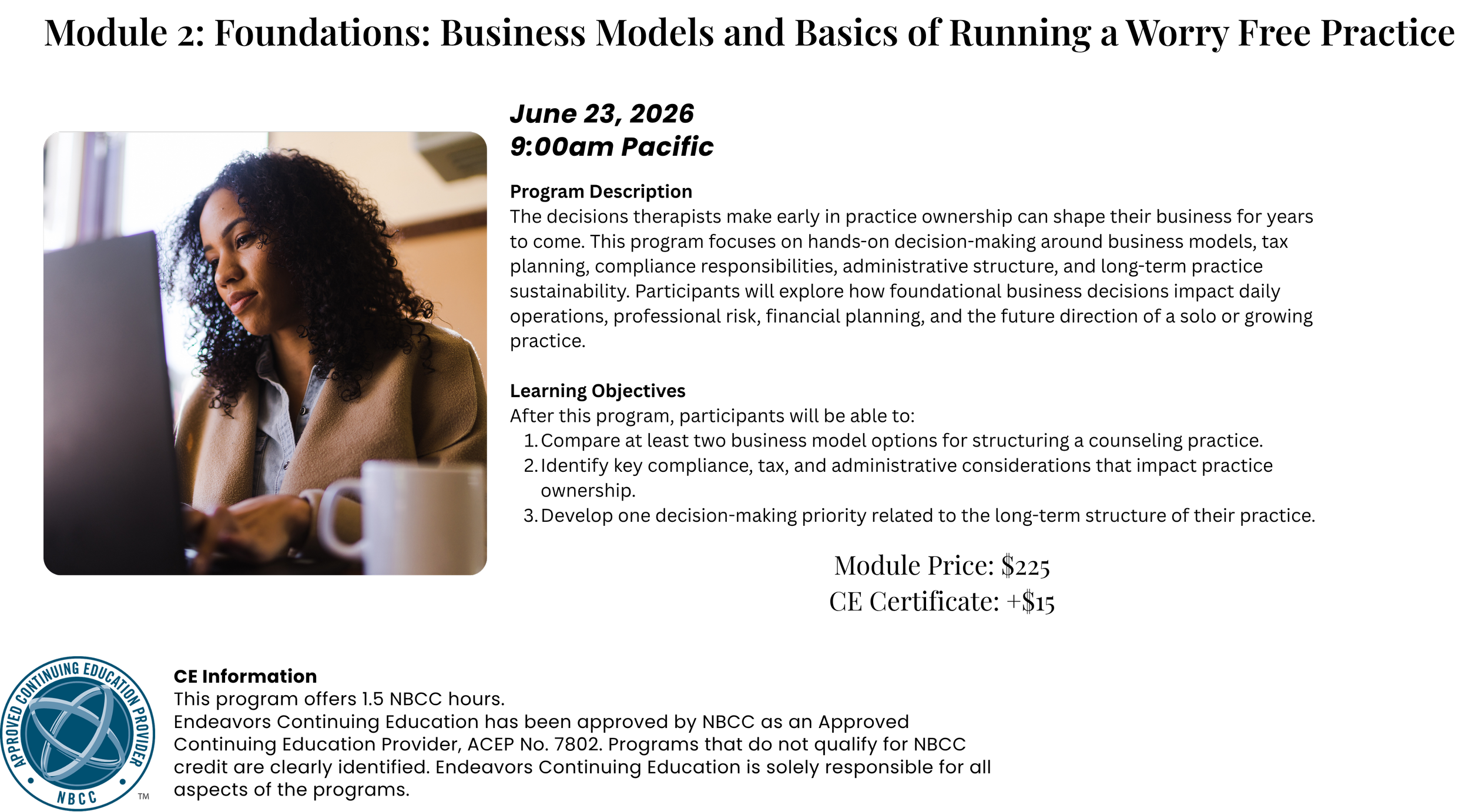A woman with dark curly hair working on a laptop at a desk with a white mug in front of her, near a window.