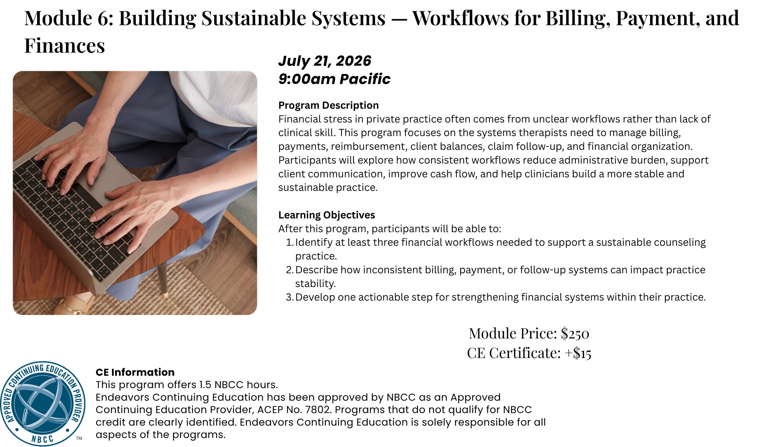 A person wearing a white shirt and blue pants sitting at a wooden table using a laptop.