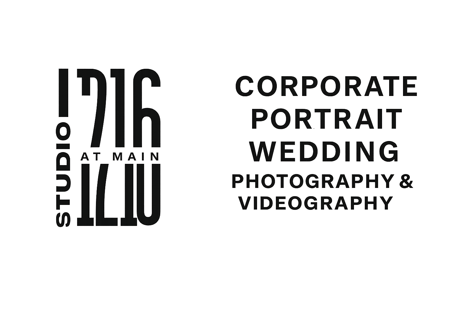 Logo for Statudio at Main, featuring the text '1016' and 'at Main', and advertising services including corporate portrait, wedding, photography, and videography.