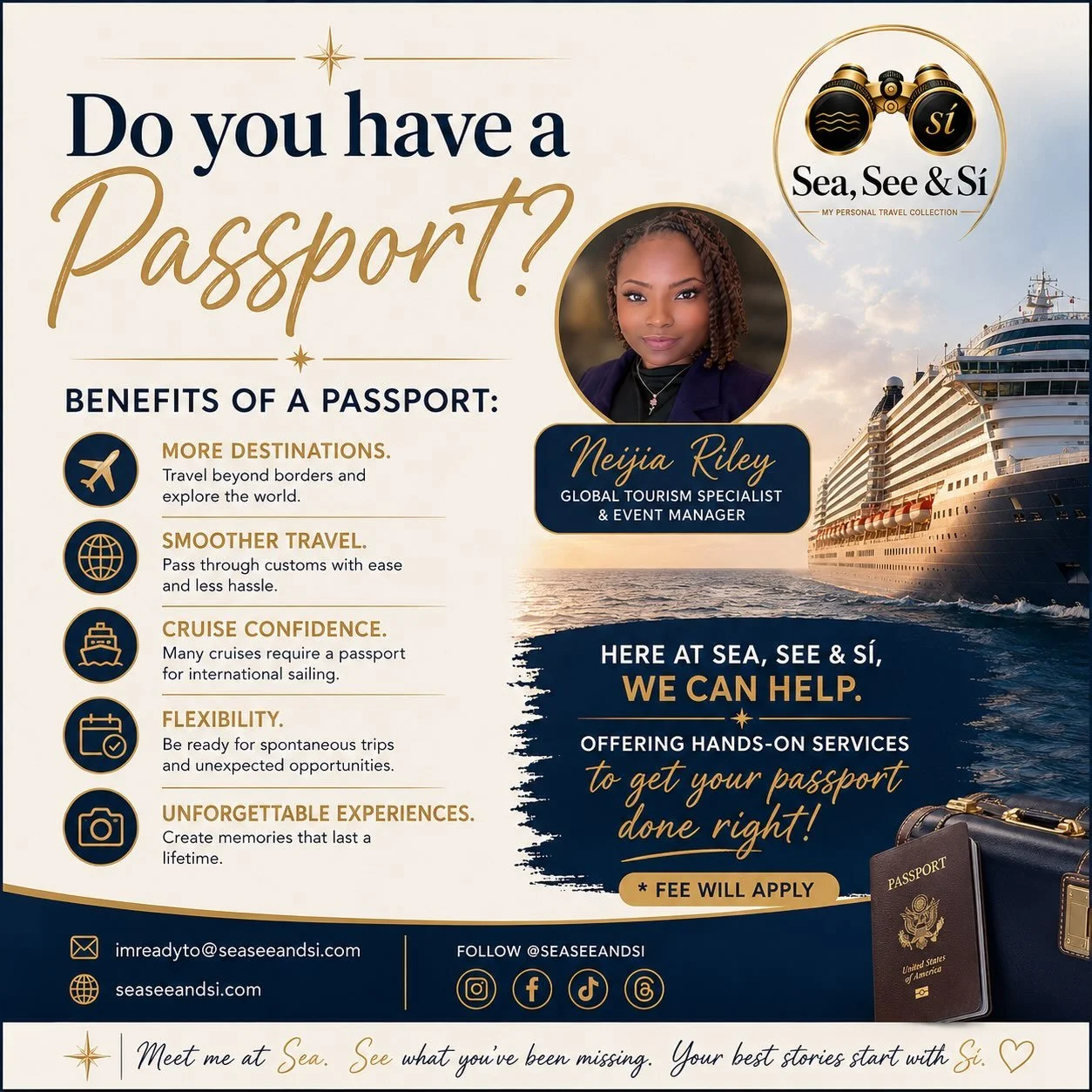 Your Passport Starts Here 🌊👀🌎

Ready to travel internationally but need a passport? Let Sea, See &amp; S&igrave; help make the process easier!

We&rsquo;ll help you complete the necessary paperwork and get your passport application ready to go. Th
