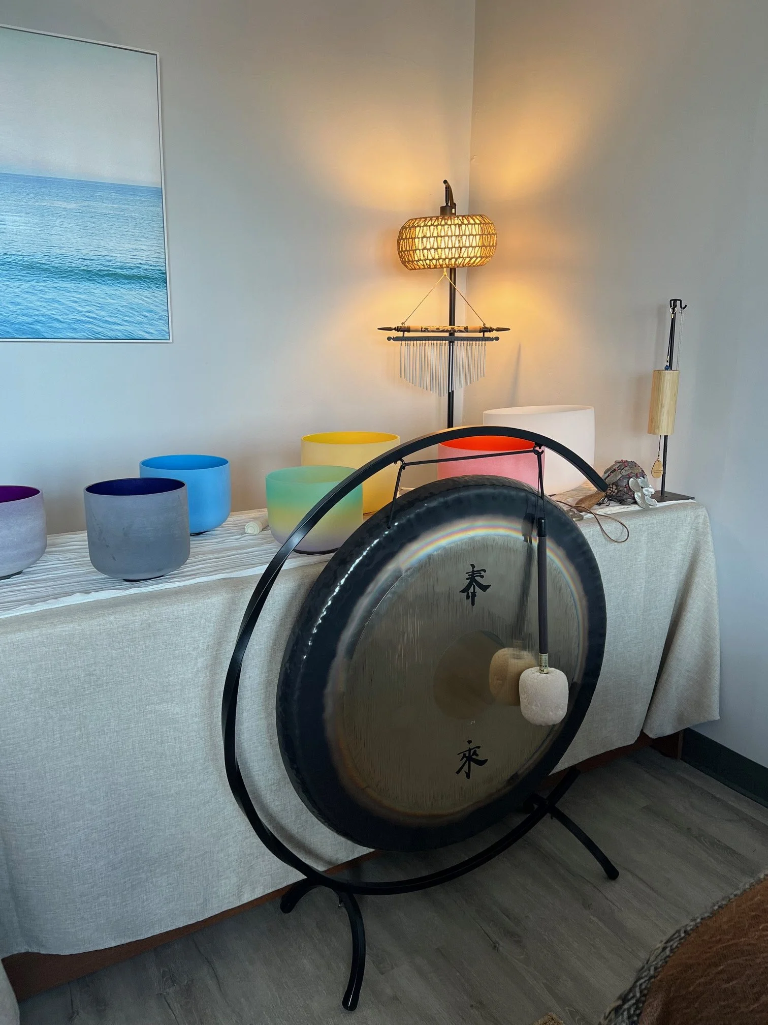 Lynn's sound chamber: crystal bowls, gong, and chimes