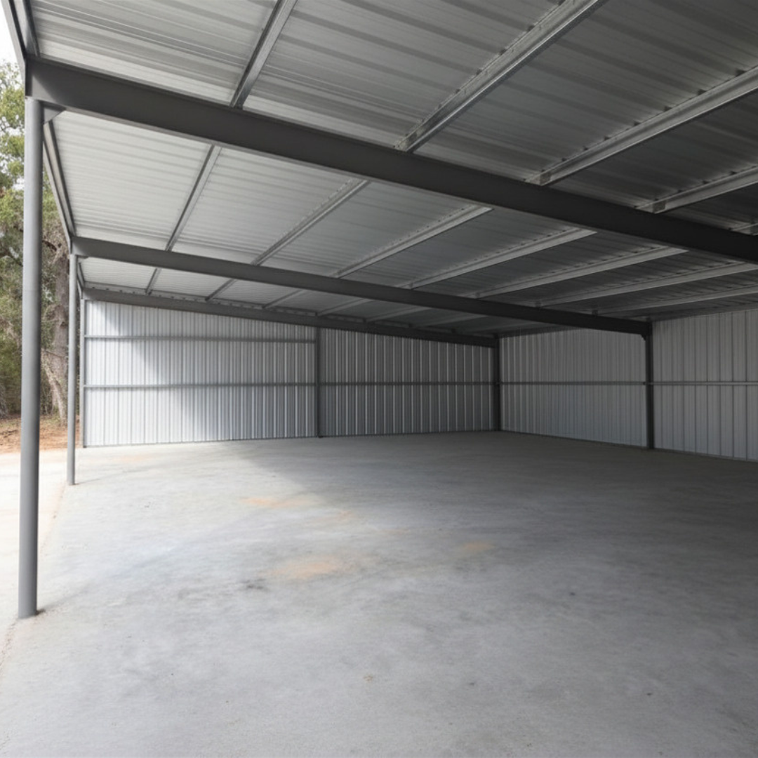 Interior of three side metal shed on concrete floor. Welded steel frame with metal roof and wall panels and concrete slab.