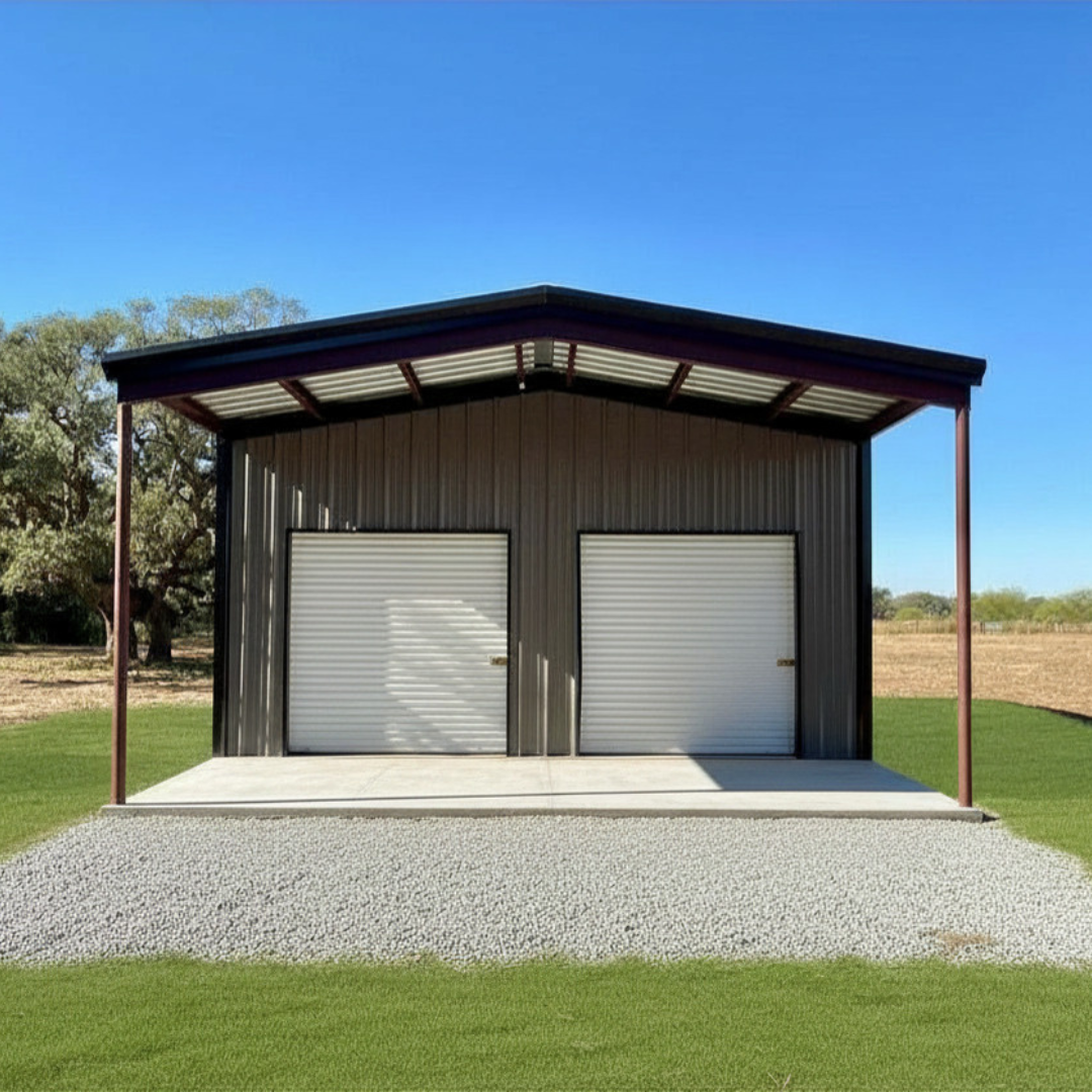 A metal shop with a carport, two roll-up garage doors.