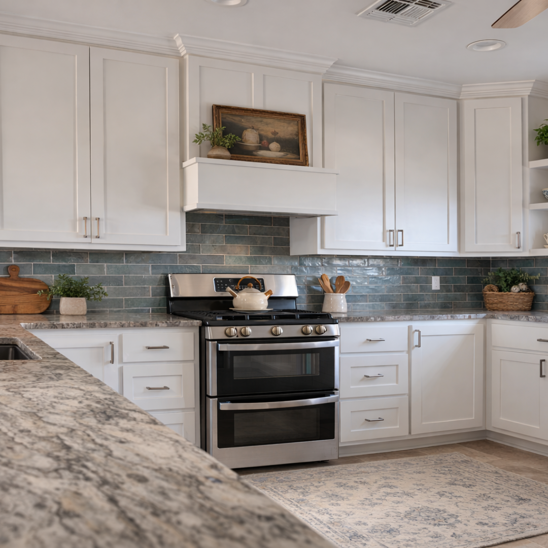 Modern kitchen with white shaker cabinets, blue and gray glass tile backsplash, and stainless steel stove.