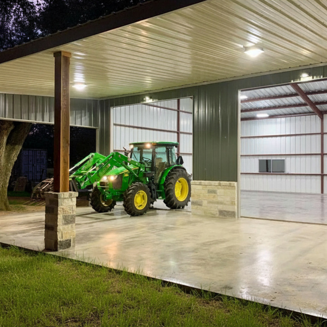 A green tractor parked inside a spacious, well-lit metal building with a concrete floor. The building has a partially open side and features a stone wainscot on the lower wall and cedar wrapped columns. Shop floor is sealed concrete..