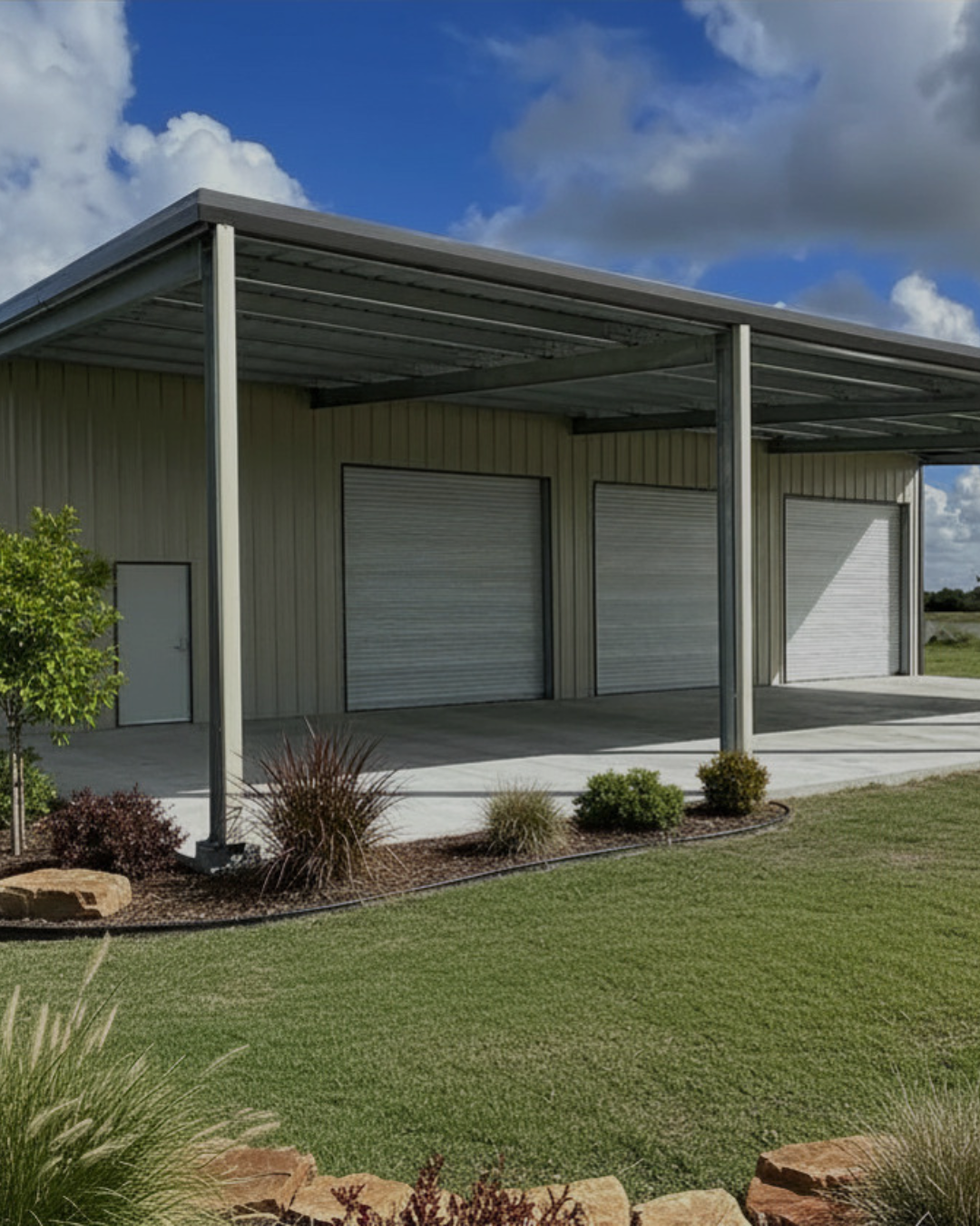 Metal storage shop building with three roll-up garage doors, a side door and a lean-to on concrete slab.