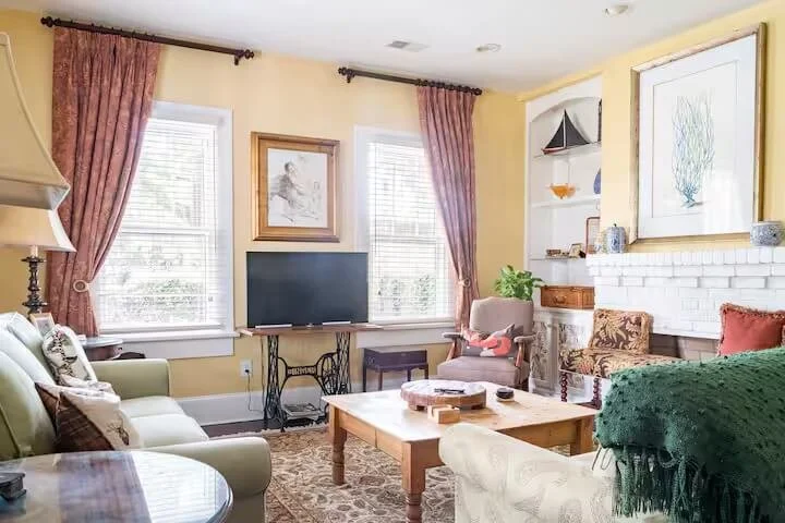 Craftsman Cottage living room area with fireplace