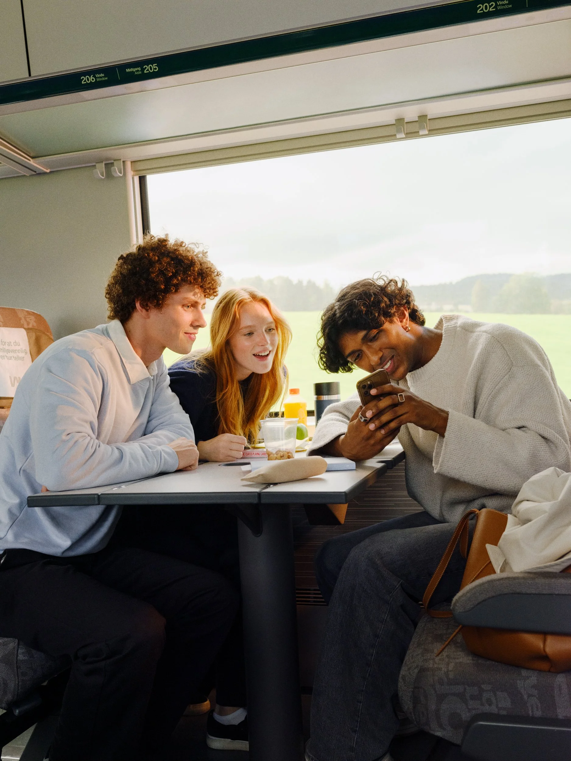 Three friends sitting on a train, looking at a phone together, with a window showing green fields outside.
