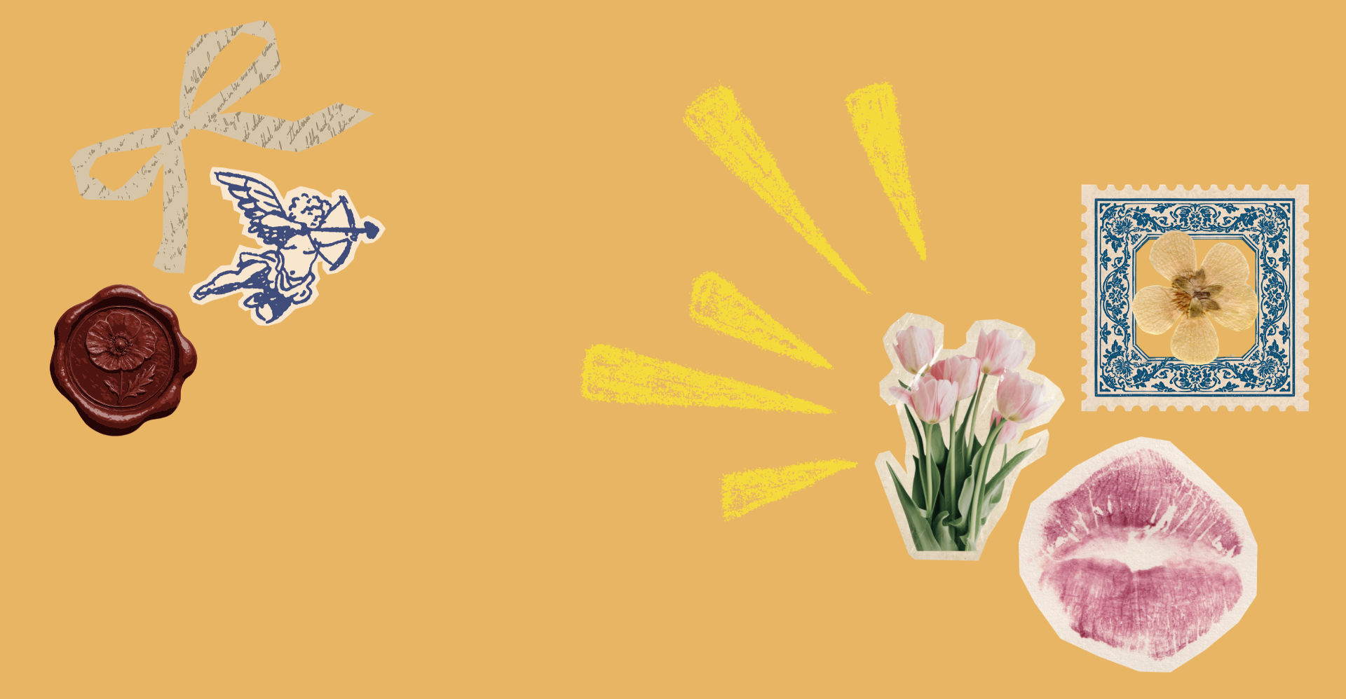 Collage of various decorative items including a wax seal with a flower, a blue and white sticker with a leaf, a pink flower bouquet with yellow chalk-like rays, a postage stamp with a flower, and pink lipstick kiss marks on a beige background.