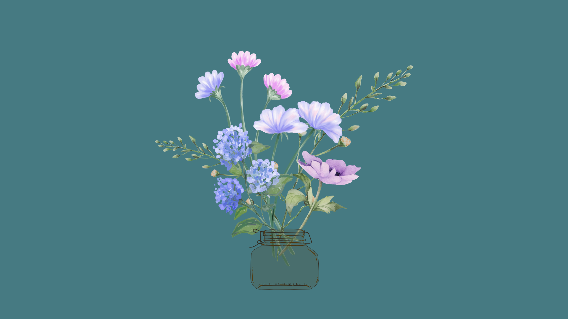 An illustration of a bouquet of pastel purple, pink, and blue flowers in a transparent glass jar on a solid teal background.