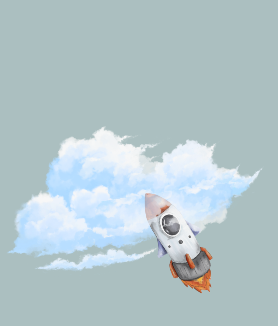 Cartoon rocket launching into the sky with clouds in the background.