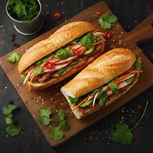 Two Vietnamese banh mi sandwiches on a wooden serving board, filled with meat, fresh herbs, and vegetables, surrounded by cilantro leaves and scattered spices.