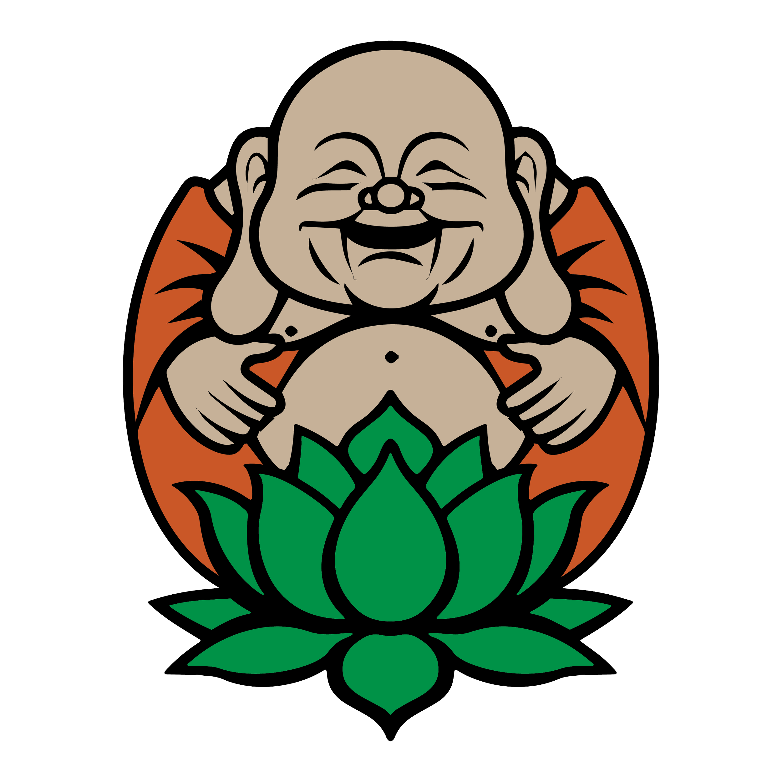 A cartoon drawing of a laughing, bald, overweight monk wearing orange robes with green leaves at the bottom.