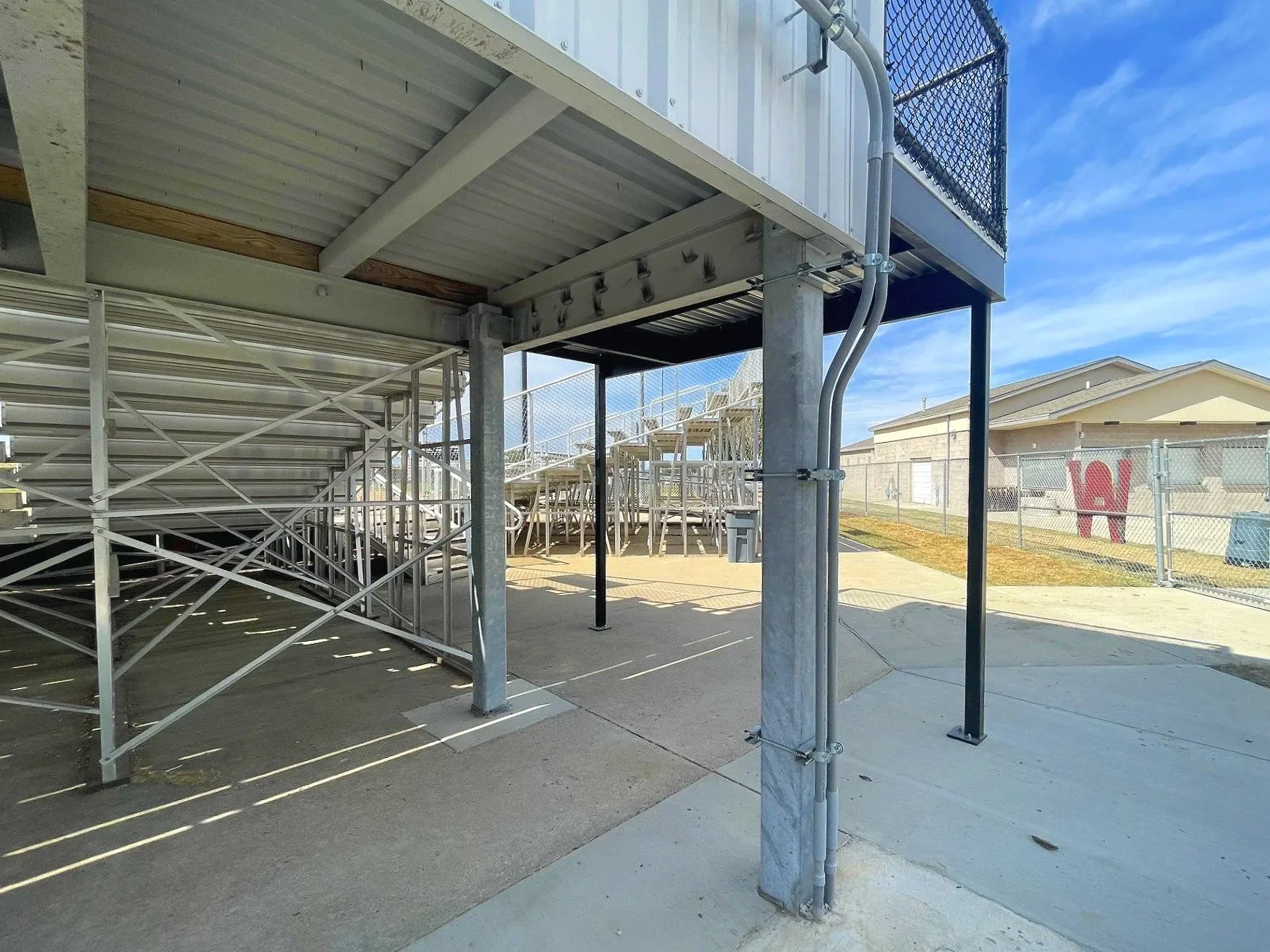 The structural foundation of the USS press box and aluminum bleacher installation at Waverly High School in Waverly, Nebraska — built to support years of heavy use with the same professional construction standard USS brings to every facility it serve