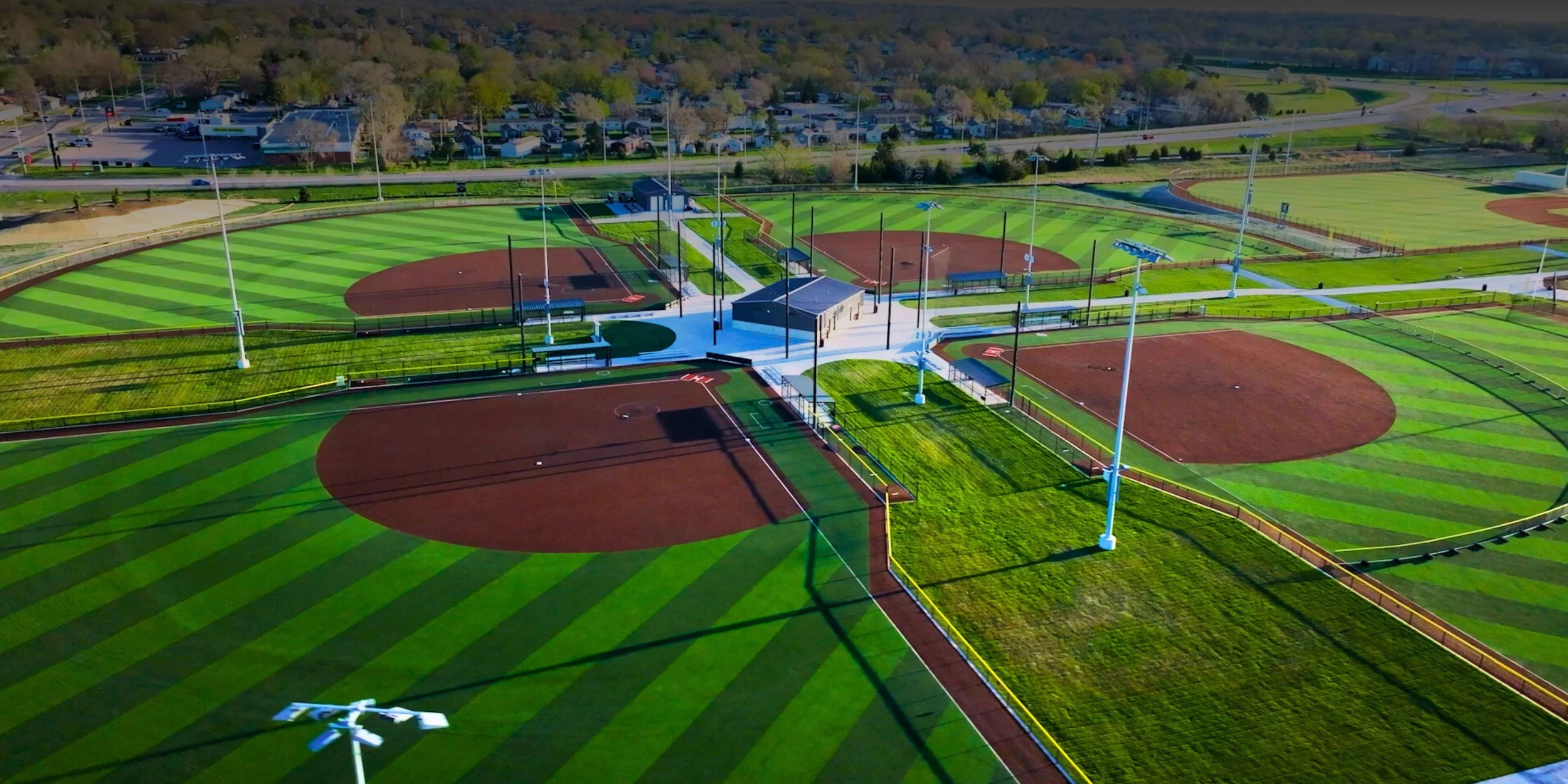 Aerial view of Sandhills Global Youth Complex multi-diamond baseball facility in Lincoln Nebraska