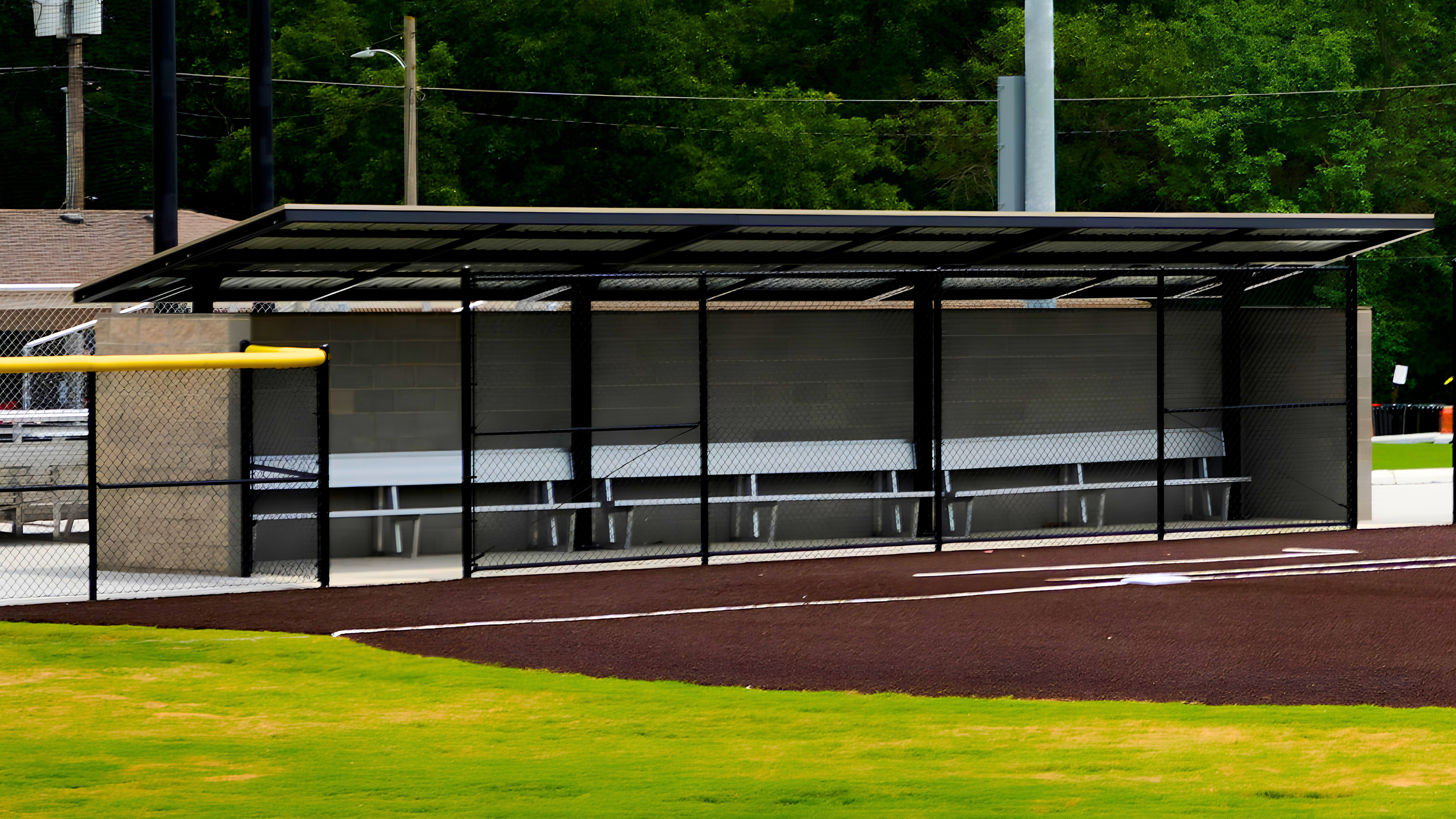 Fielder's Choice Elite cantilever baseball dugout by USS in Lincoln, Nebraska, with black steel frame, cantilevered shade roof, chain-link fencing, and aluminum player benches along the first base line.