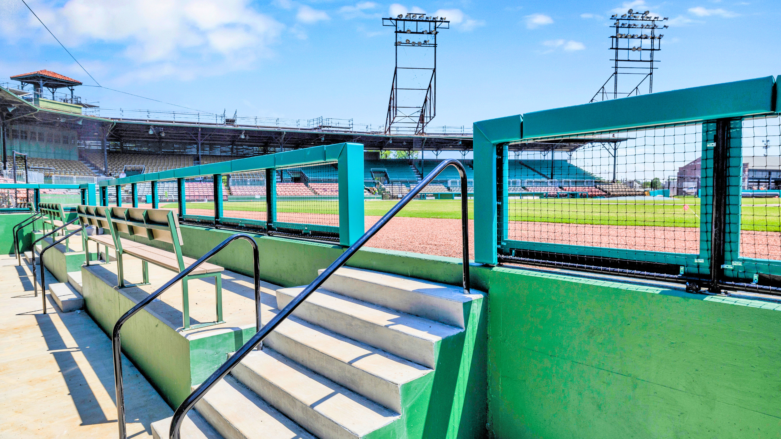 Grandstand seating and protective netting at Rickwood Field professional baseball venue Birmingham Alabama
