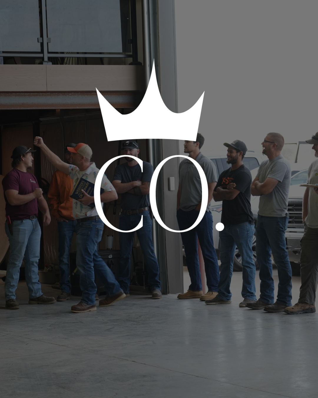 Crown Co. logo over team members gathered at company event