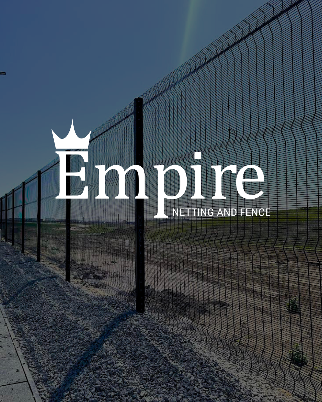 Empire Netting and Fence logo over commercial fencing and netting installation