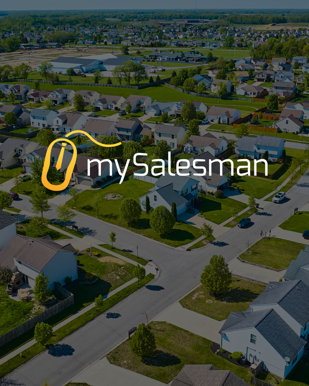 mySalesman Software logo over aerial view of residential community