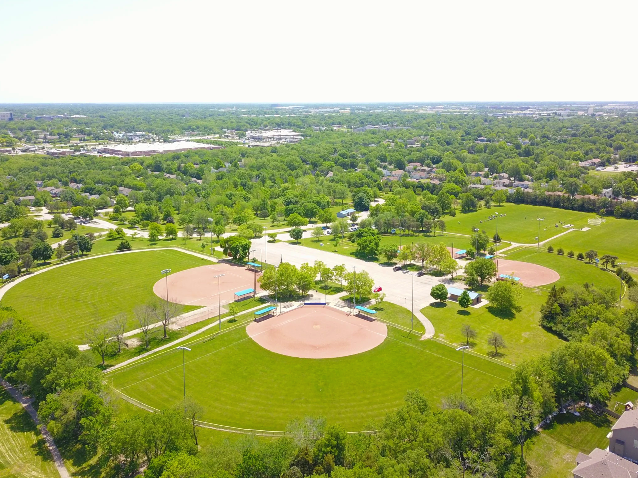 Aerial view of Prairie Center Park municipal baseball and softball fields in Olathe Kansas