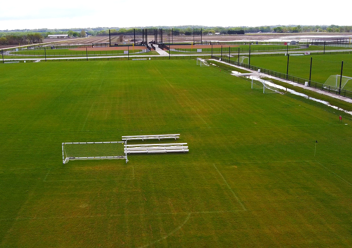 Aerial view of Elkhorn Athletic Facility multi-sport campus with soccer fields and baseball diamonds in Elkhorn Nebraska