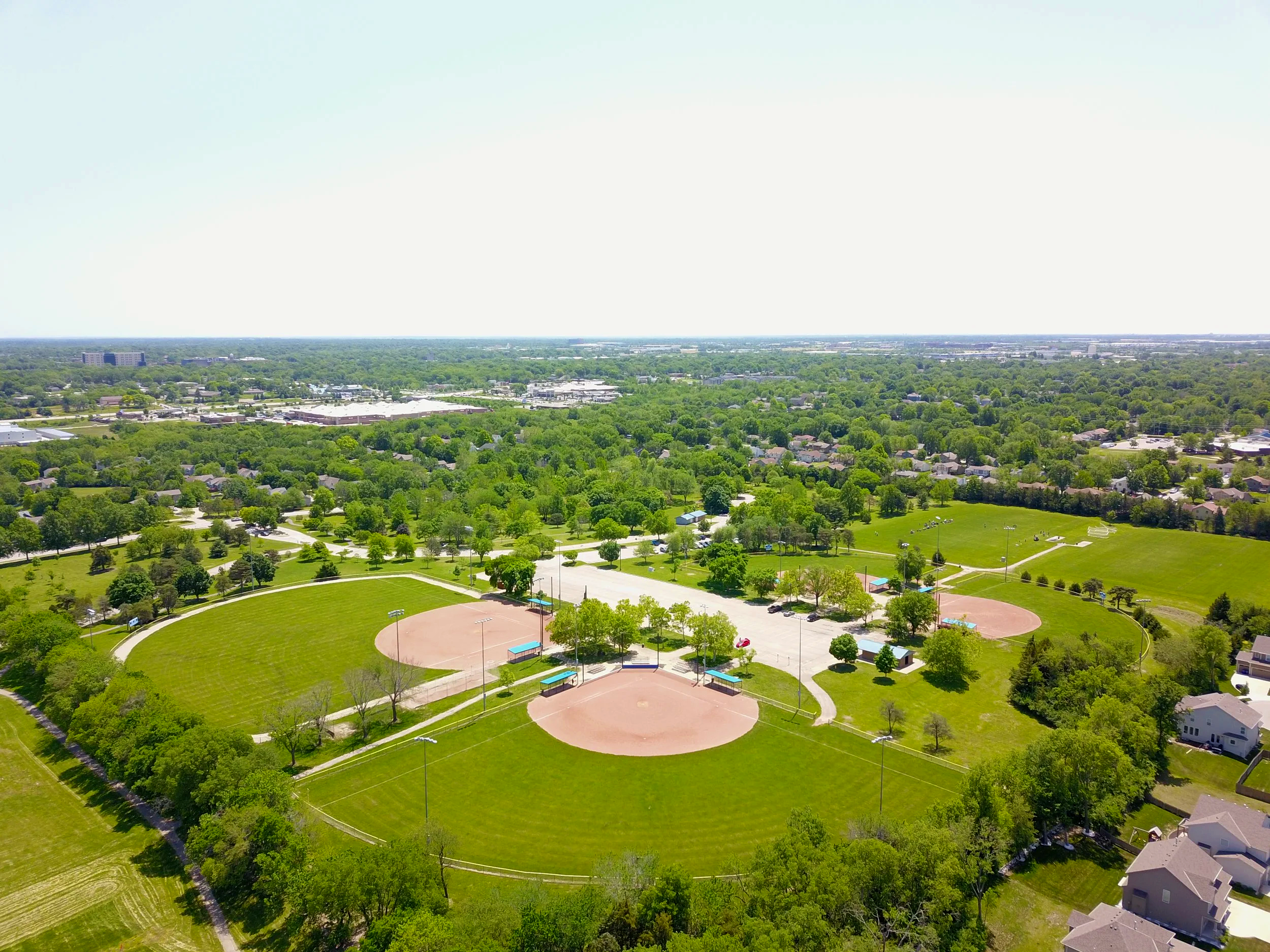 Aerial view of Prairie Center Park multi-field baseball and softball complex in Olathe Kansas