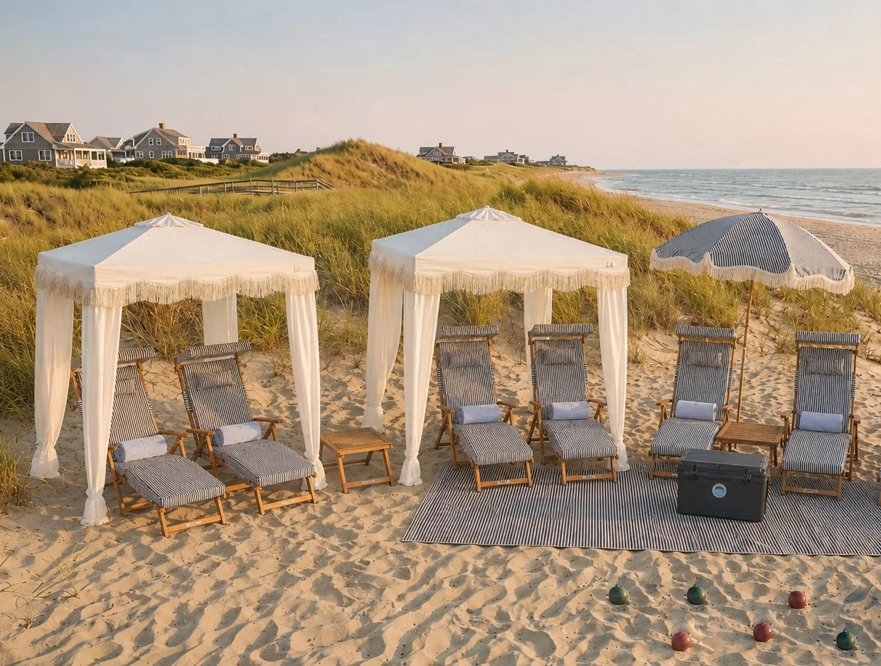 Beach scene with reclining lounge chairs under cabanas and an umbrella, facing the ocean, with houses on dunes in Nantucket.