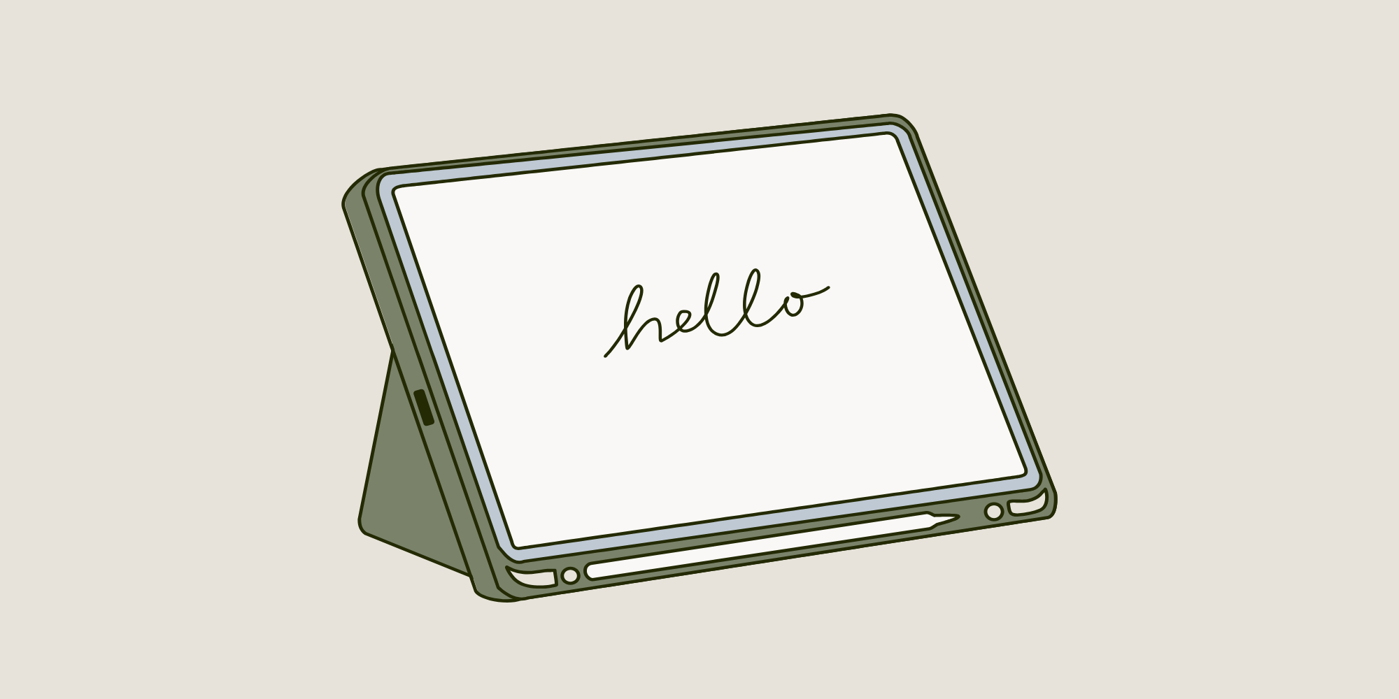 Illustration of a digital tablet with the word 'hello' written on its screen.