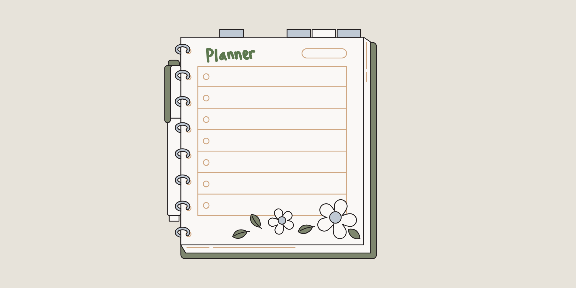 Illustration of a planner with a floral design at the bottom, labeled 'Planner' at the top, with blank lines for notes or tasks.