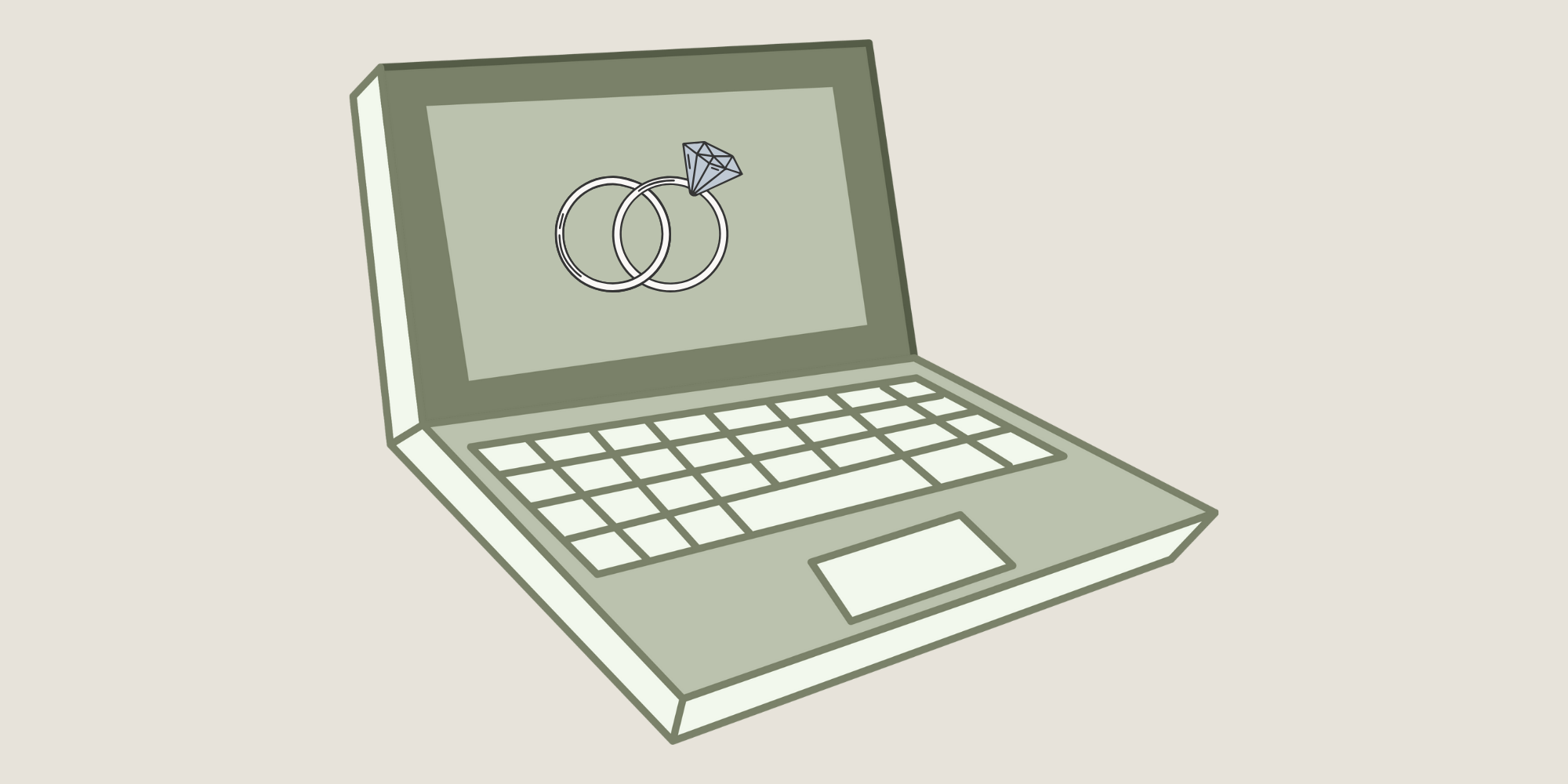 A digital illustration of a laptop with two wedding rings and a diamond on the screen.