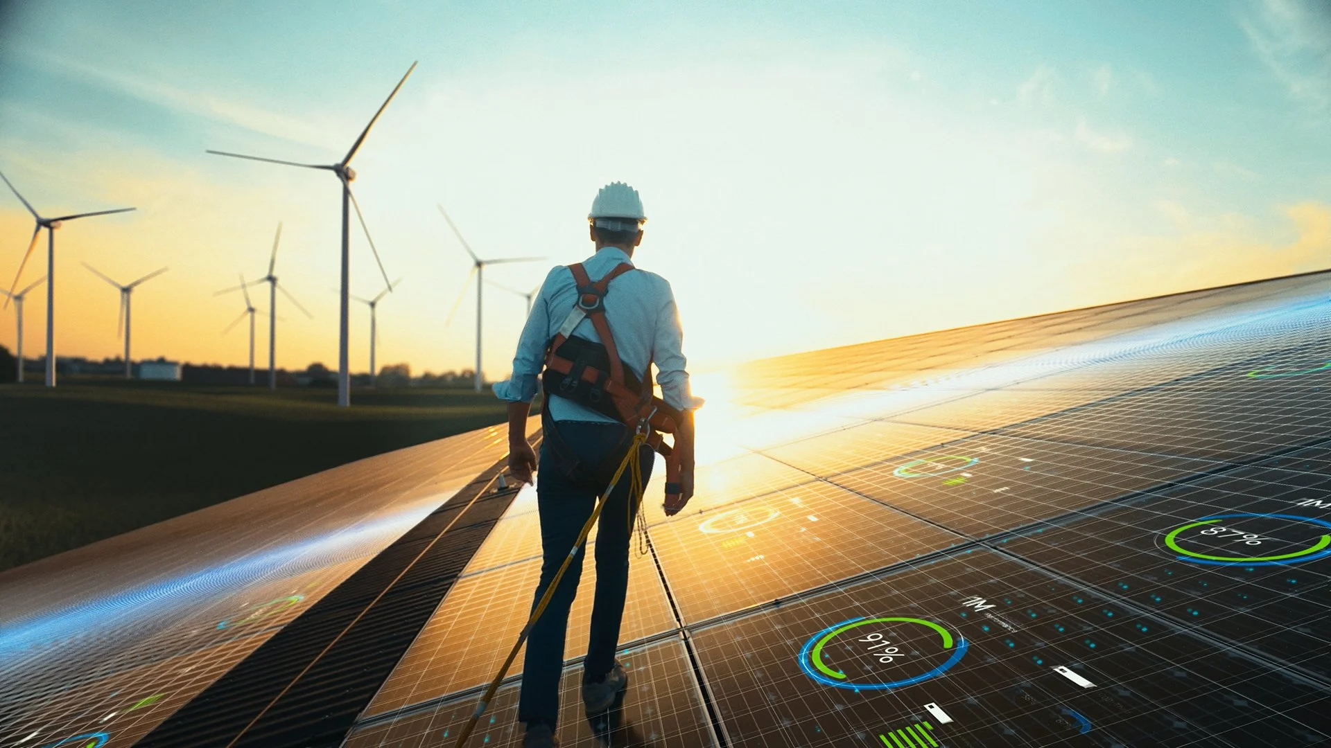 Worker walking on solar panels 