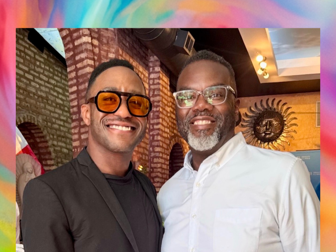 Photo with Mayor Brandon Johnson at a pride brunch hosted by Equality Illinois