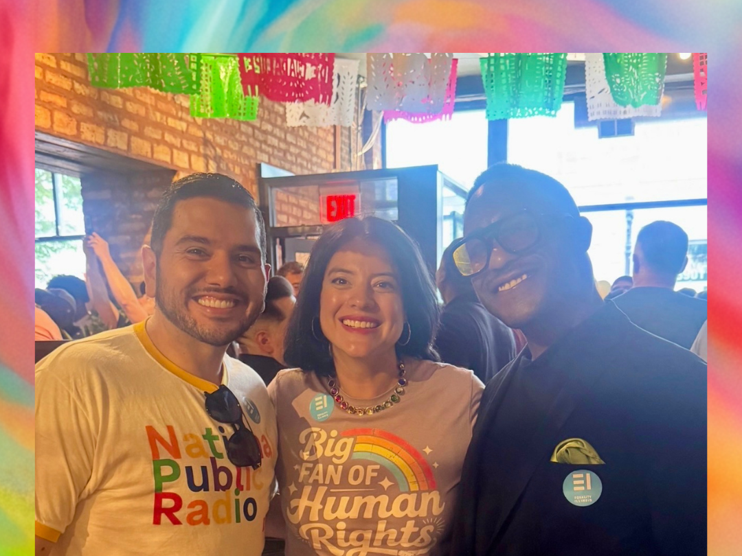 Photo with a member of Equality Illinois and a City Clerk at a pride brunch hosted by Equality Illinois