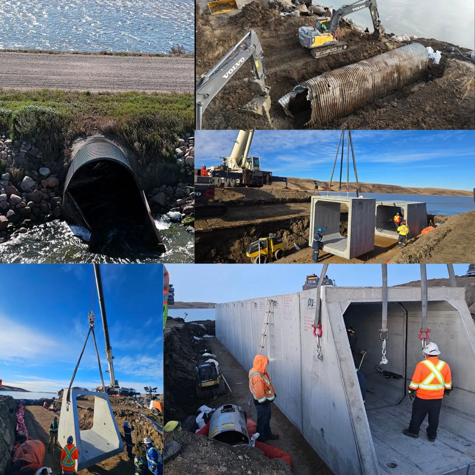 Photos showing construction and installation of a large concrete tunnel or pipe near a body of water. Workers and machinery are involved in placing the tunnel sections, with cranes lifting large precast concrete segments into position, while excavation tools and equipment are seen on site.
