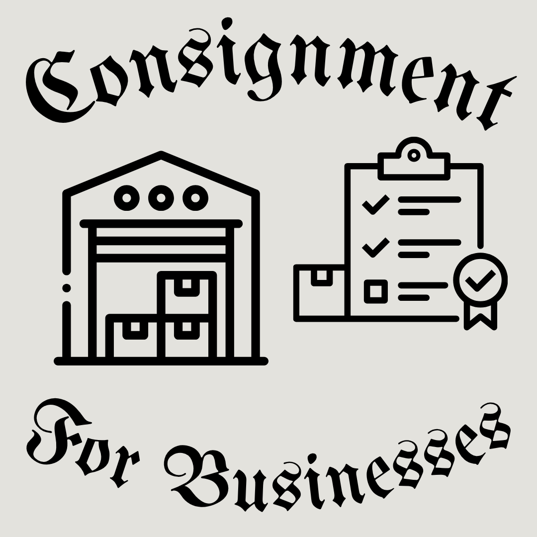 Line art illustration of warehouse and checklist icons. Text reads "Consignment for Business".