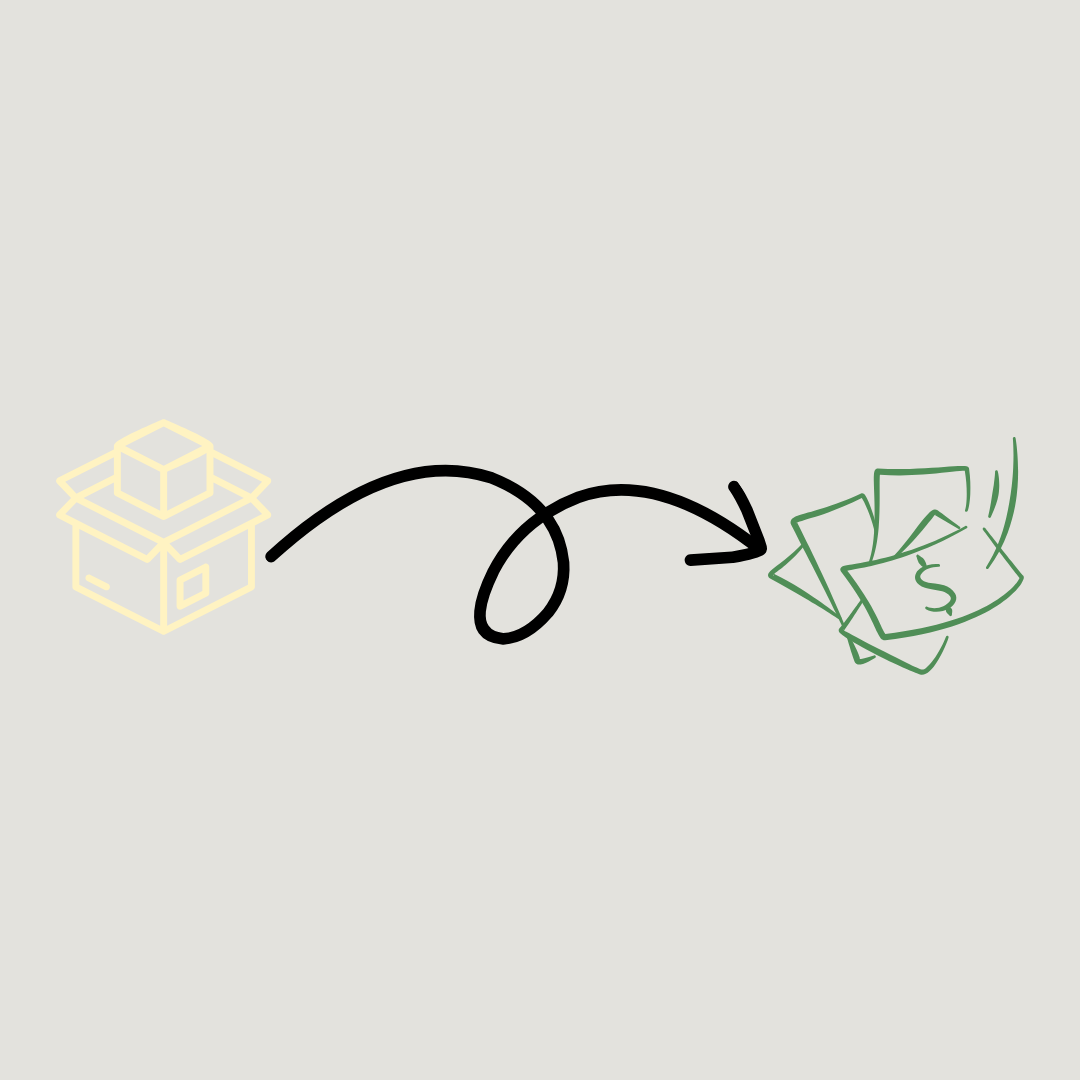 Drawing of a box, an arrow, and money bills.