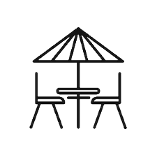 Outline of a table with a large umbrella and two chairs, set outdoors.