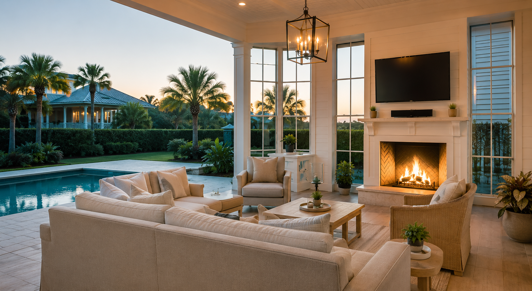 Living room with beige couches, armchairs, a wooden coffee table, a fireplace with a fire, a mounted TV, and large windows showing a backyard with palm trees, a pool, and a house in the distance at sunset.