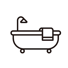 Outline of a bathtub with a faucet and a towel hanging over the side.